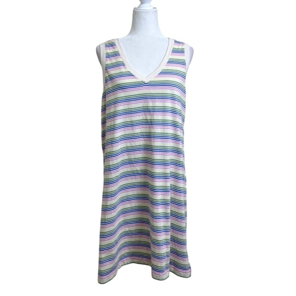 Pact Sleeveless Tank Dress V-Neck Striped Organic Cotton Womens Size L